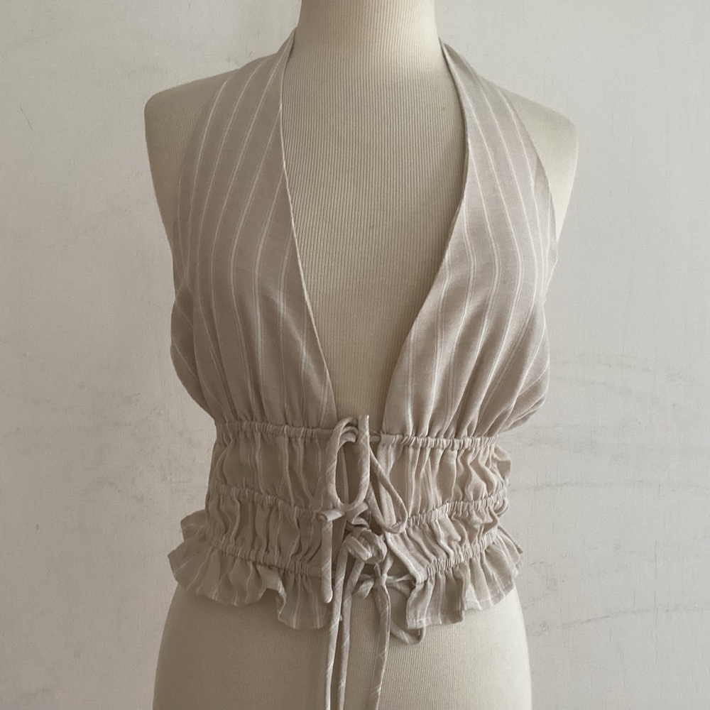 One Clothing Los Angeles Beige Pinstripe Milkmaid Halter Top Med NWT